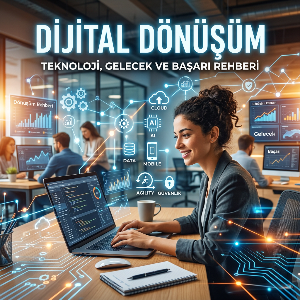 Woman using laptop with digital transformation icons and graphs around